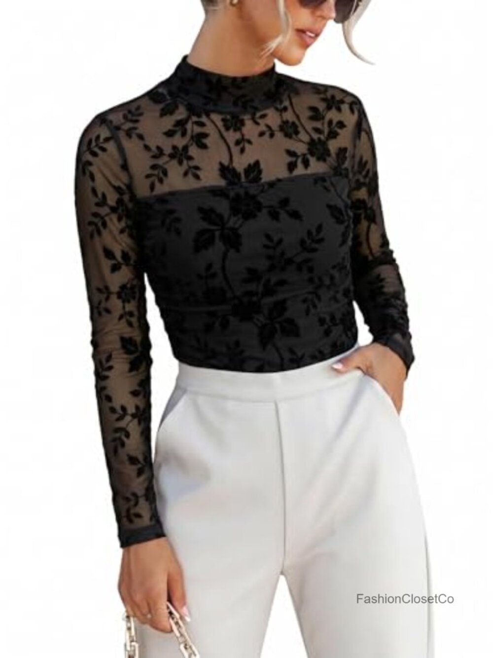 Sheer Mock Neck Long Sleeve Crop Top Women's Club Date Night